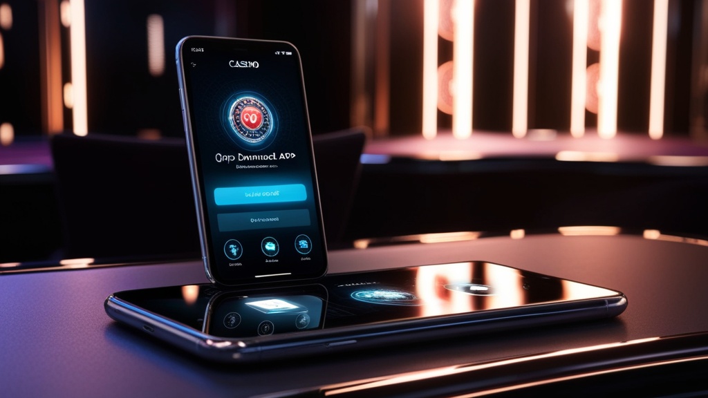Smartphone met downloadscherm voor Android en iPhone in een donkere casino-omgeving