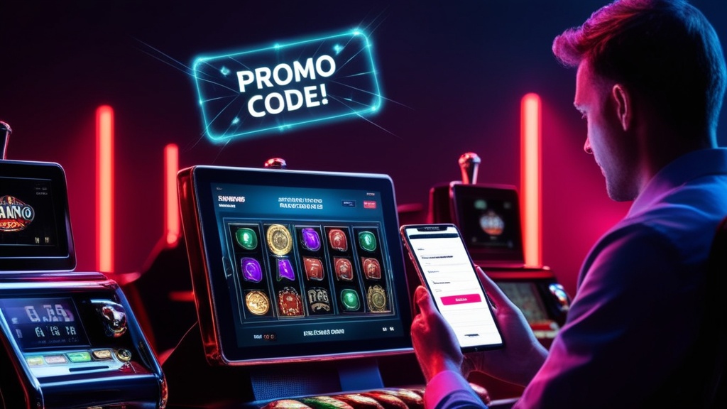 Speler bekijkt promo code naast een slotmachine in een donker casino