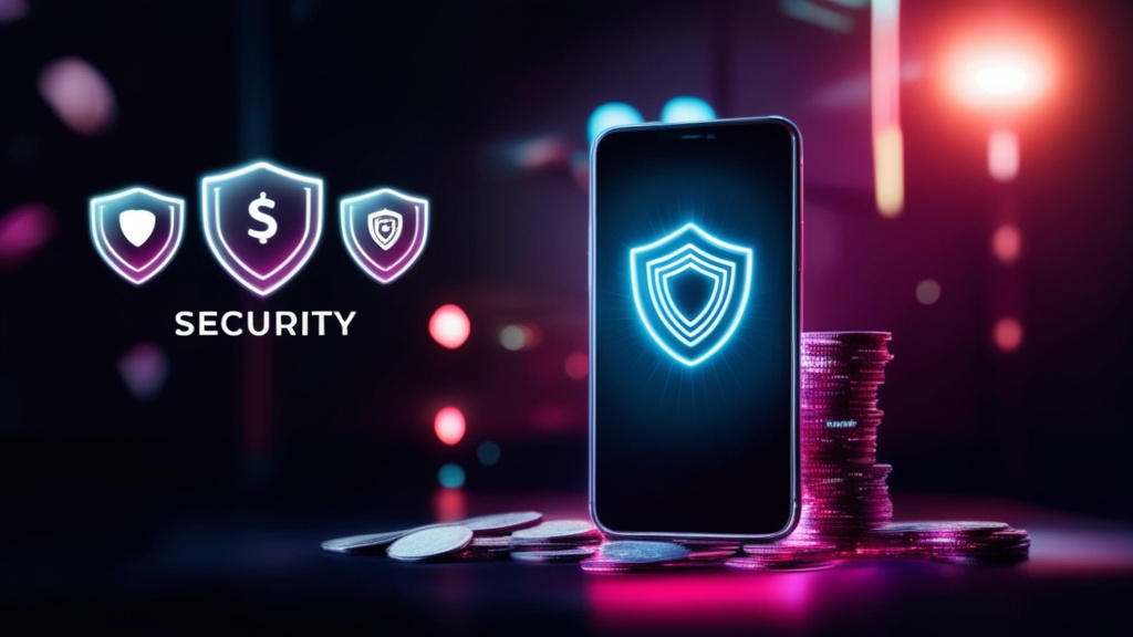 Smartphone met update- en beveiligingssymbolen in een donkere casino-setting